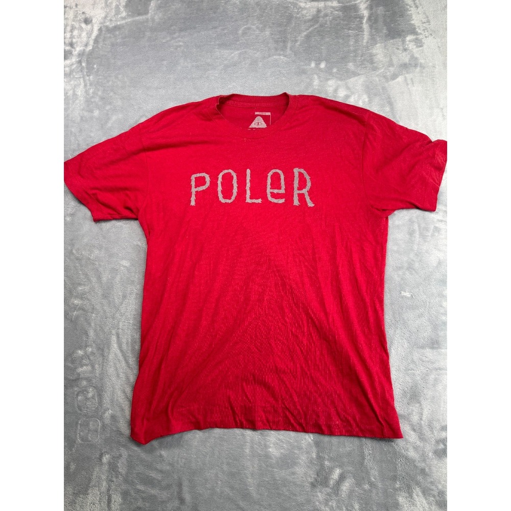 Poler T-Shirt Mens Large Red Spellout Knit Cotton Blend Crew Neck Everyday Wear